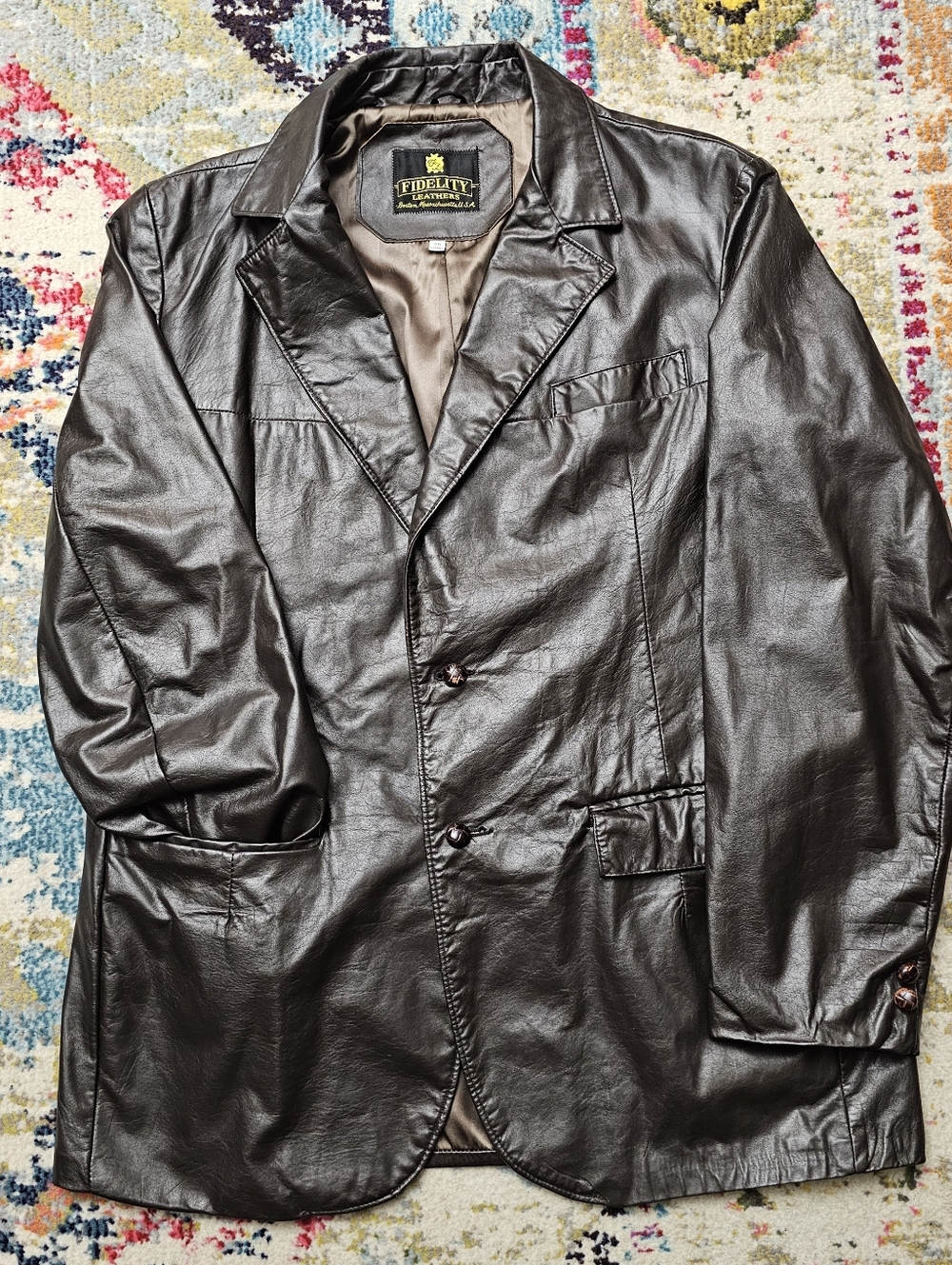 Vintage Fidelity Leather Button Jacket Mens Size 46 Long Brown Lined Made in USA